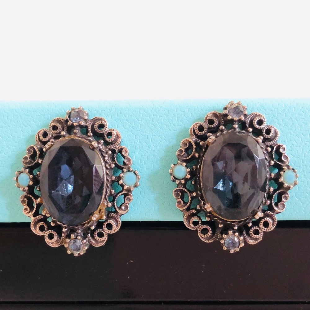 2/$15 Vintage Silver Blue Clip On Earrings Rhinestones